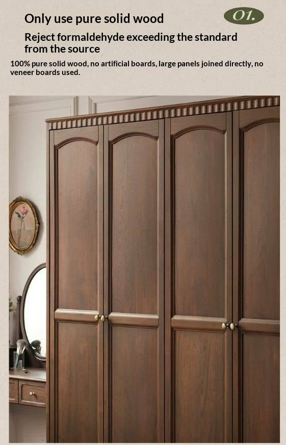 Black Walnut Solid Wood Wardrobe with American Retro Style and Light Luxury Finish