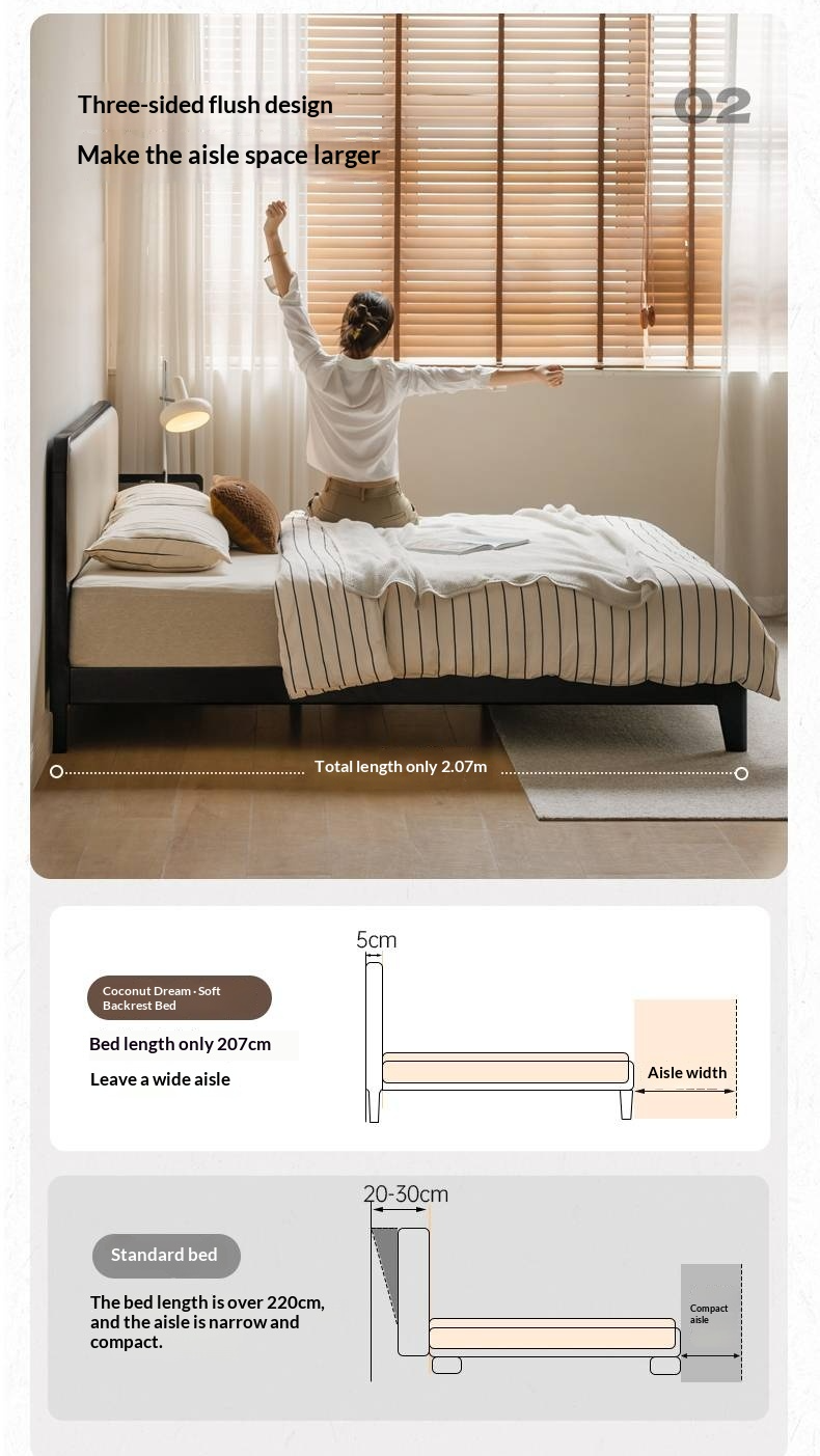 Rubberwood Solid Wood Bed — Modern Minimalist Black Design with Soft Headboard