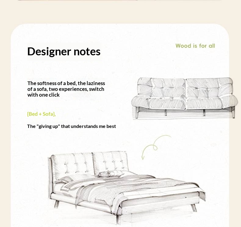 Oak, Rubberwood Solid Bed with Cream Finish — Casual Bedside with Soft Bag Backrest and White Soft Back