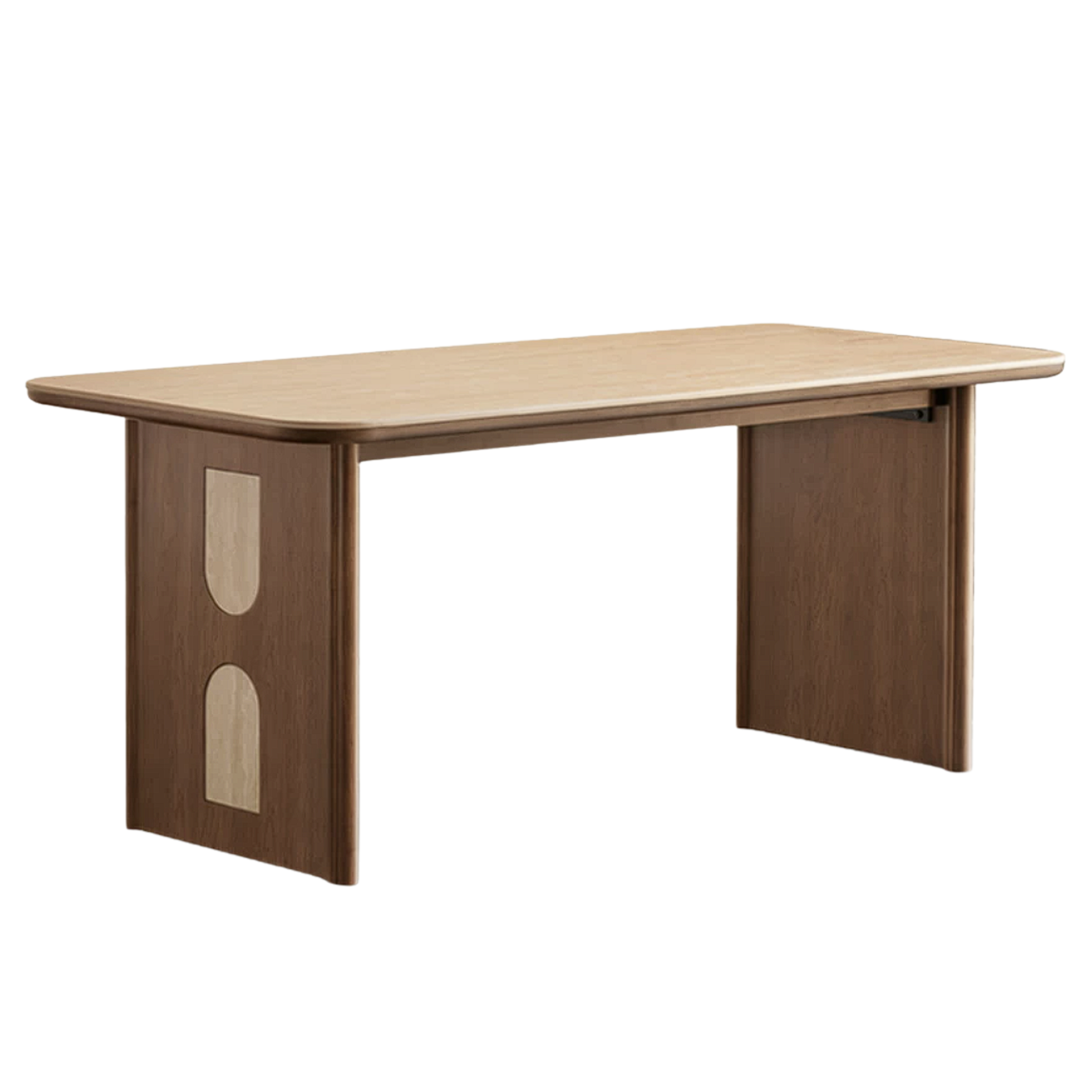 Black Walnut, Golden Sandalwood Solid Wood Dining Table with Arched Cutout Panel Legs and Two-Tone Inlay