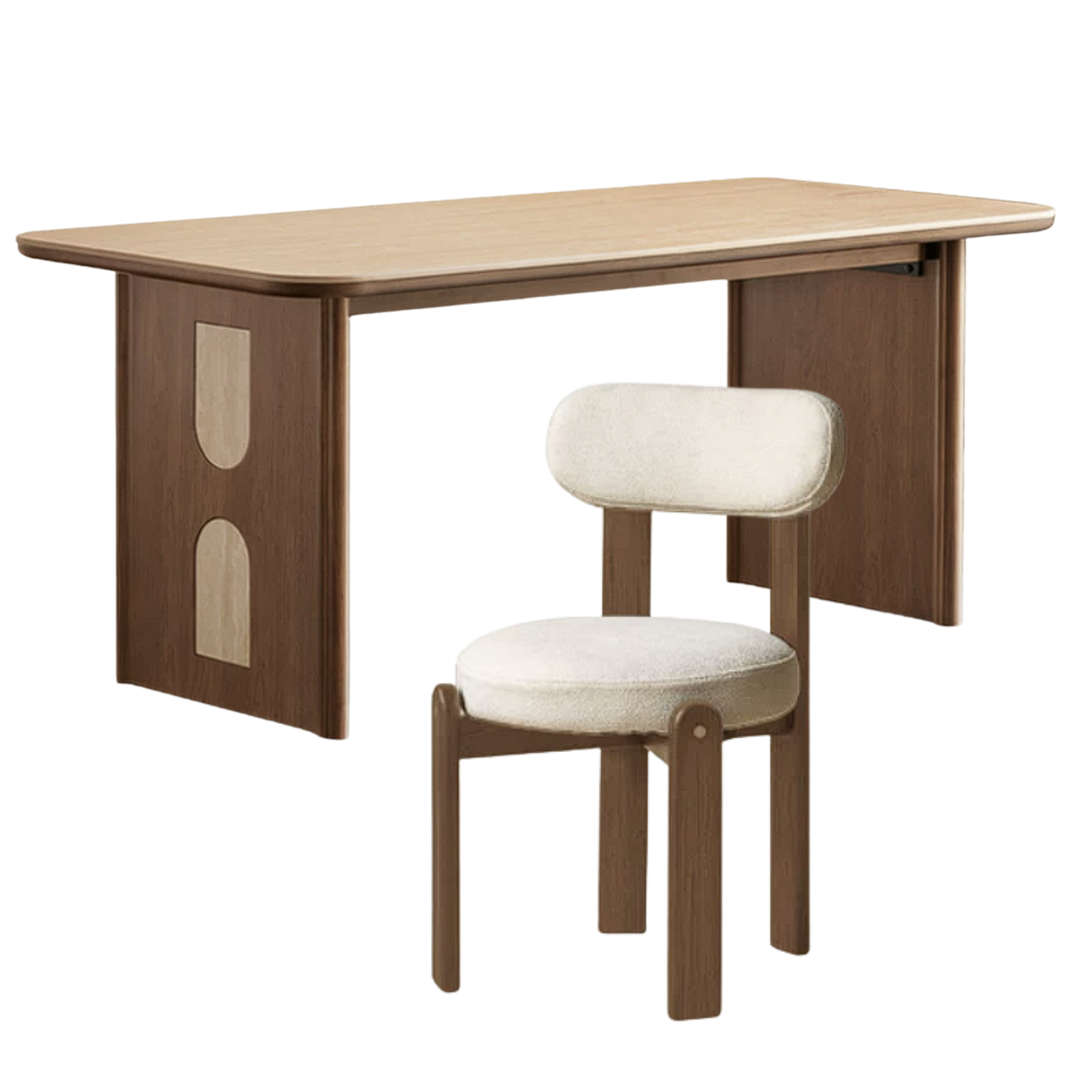 Black Walnut, Golden Sandalwood Solid Wood Dining Table with Arched Cutout Panel Legs and Two-Tone Inlay