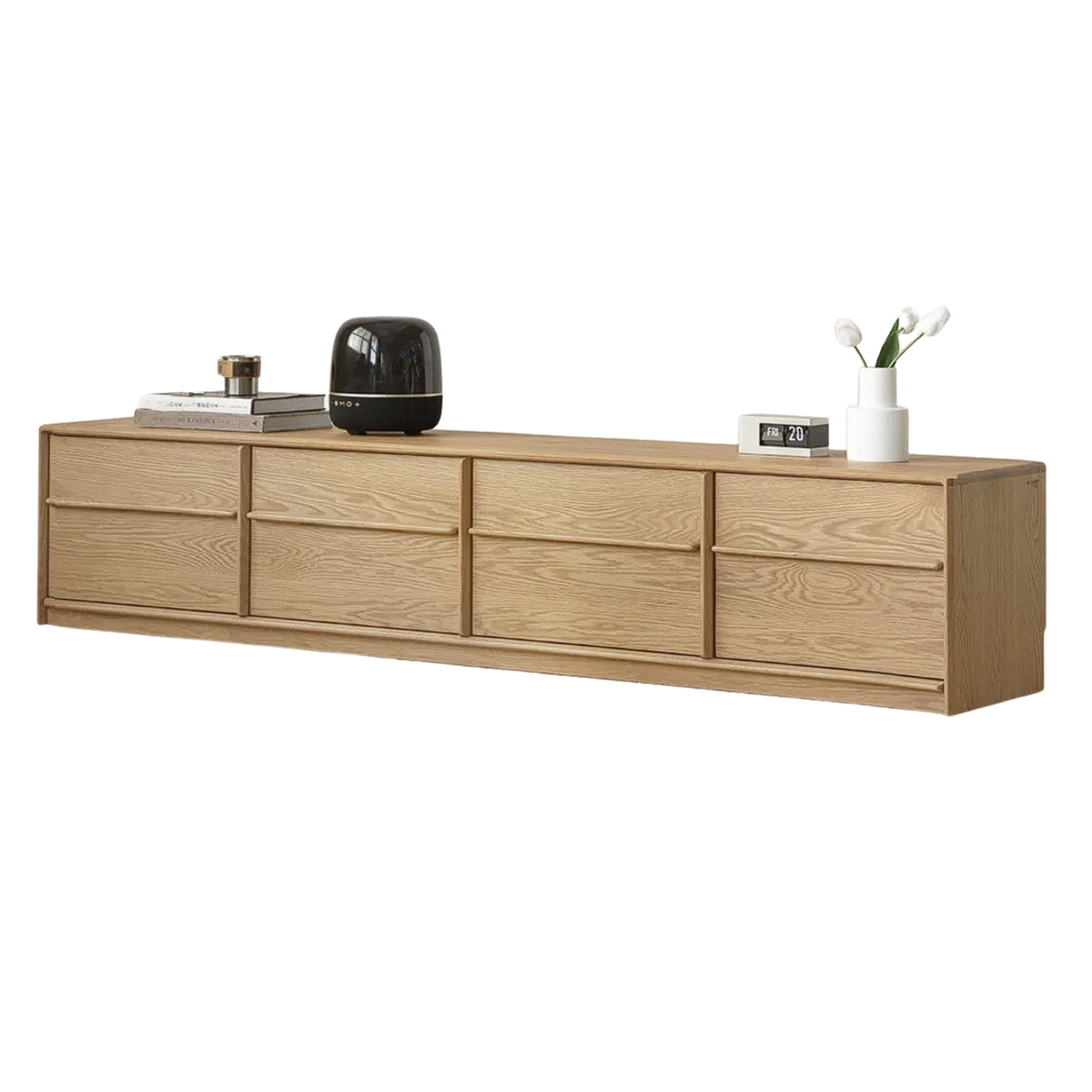 White Oak Solid Wood Scandinavian Low TV Console with Slatted Sliding Doors and Cable Management