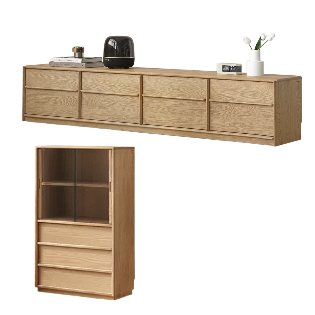 White Oak Solid Wood Scandinavian Low TV Console with Slatted Sliding Doors and Cable Management