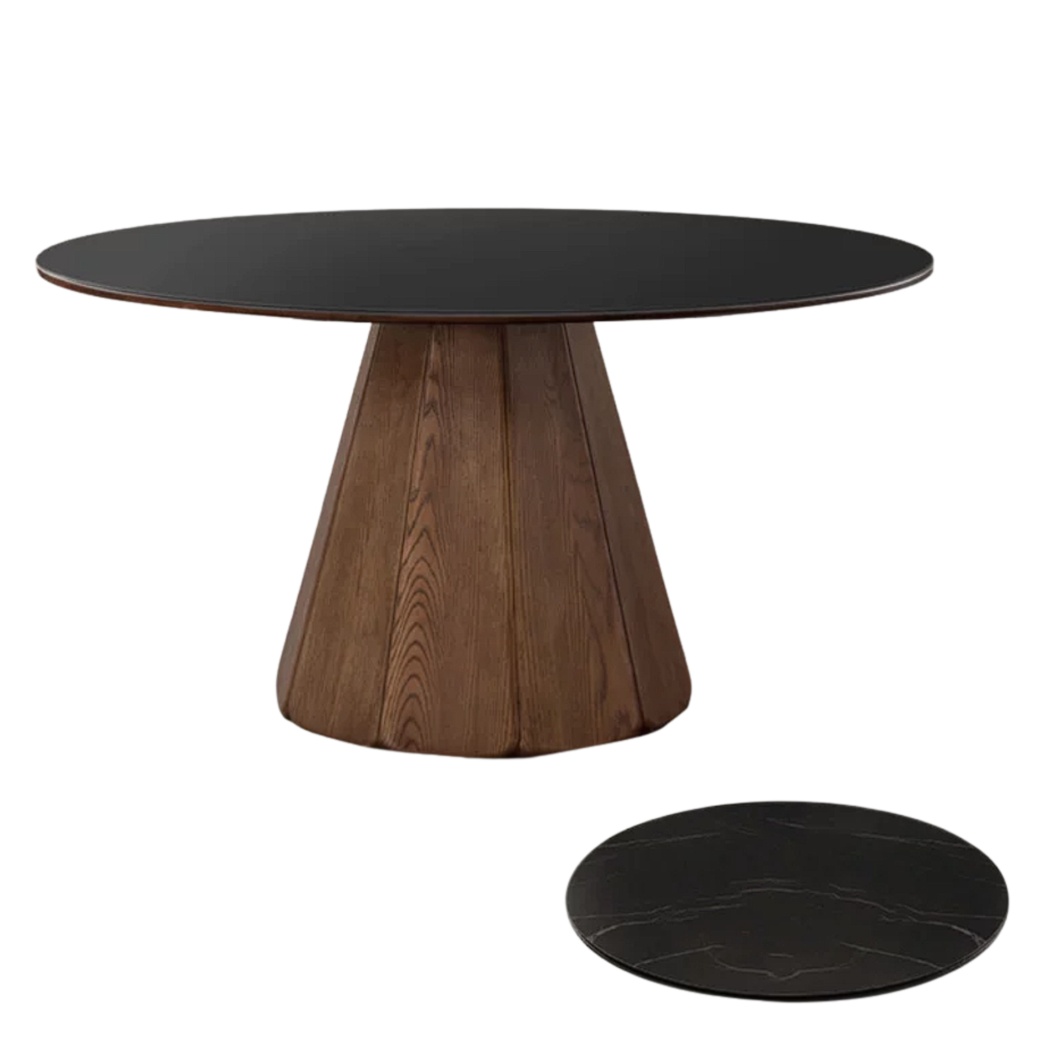 Black Walnut, Ash, Golden Pearwood Solid Wood Round Dining Table with Fluted Cone Pedestal Base