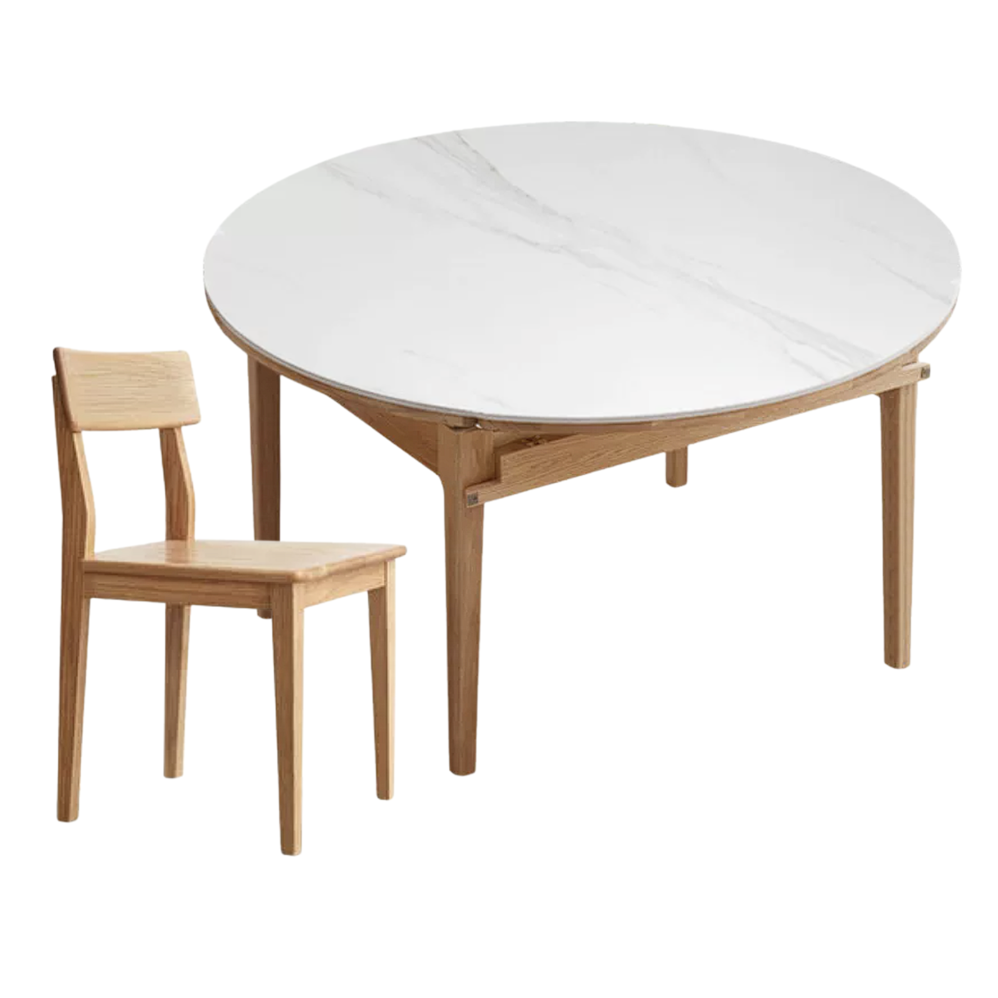 Oak, Solid Rubberwood Round Folding Dining Table With Rock Slab Surface