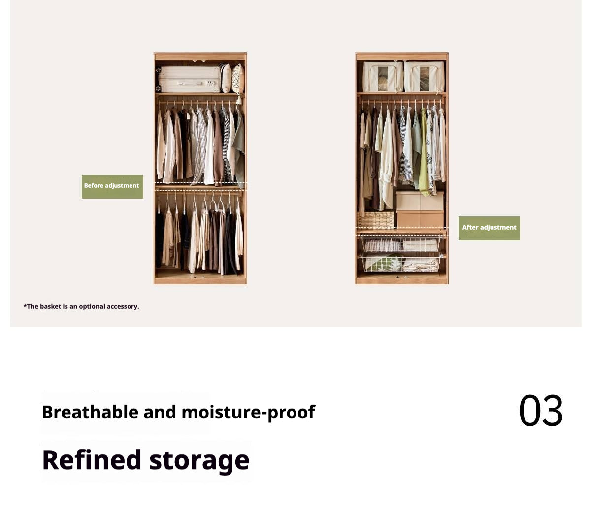 Oak solid wood Wardrobe with Flat Panel Doors and Groove Handles