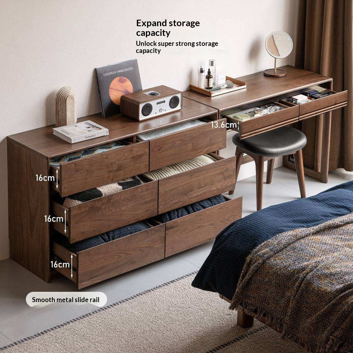 Black Walnut Solid Wood Vanity Desk and Dresser Combo, Italian Style