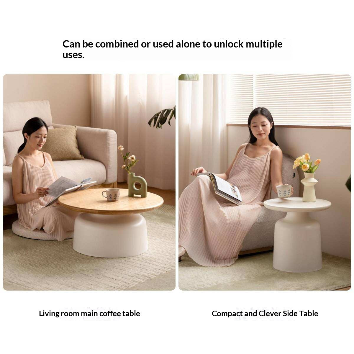 Oak Solid Wood, Solid RubberWood Round Nesting Coffee Tables, Modern Cream Style