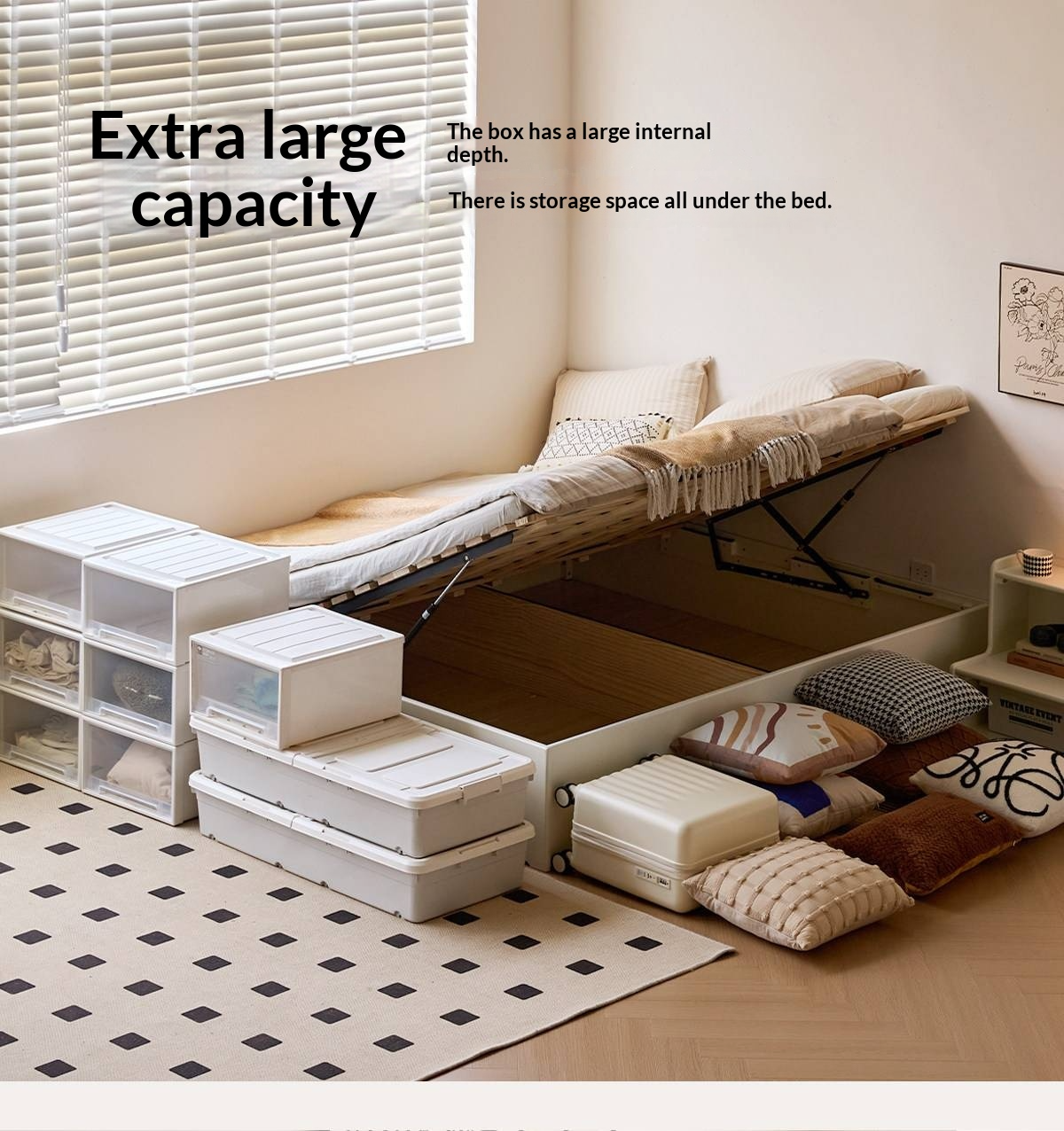 Rubberwood Solid Wood Storage Bed with No Headboard and Side-Opening Lid