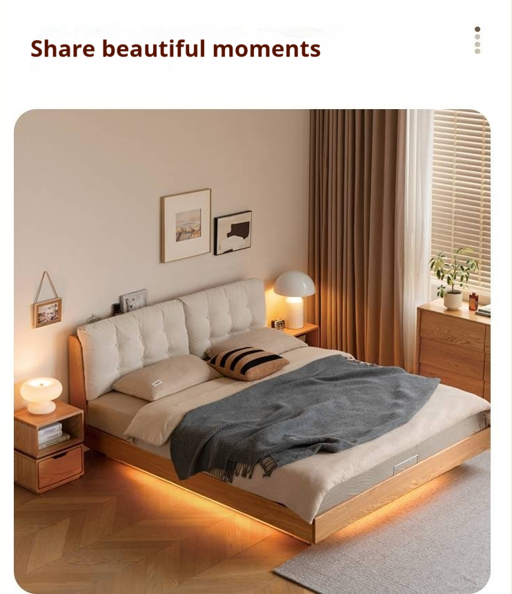 Oak Solid Wood with Upholstered Headboard Luminous Box Bed Cream Style