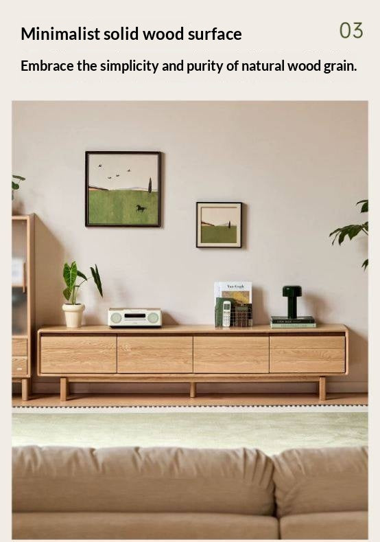 Oak Solid Wood Scandinavian TV Console with Two-Tone Color Block Doors