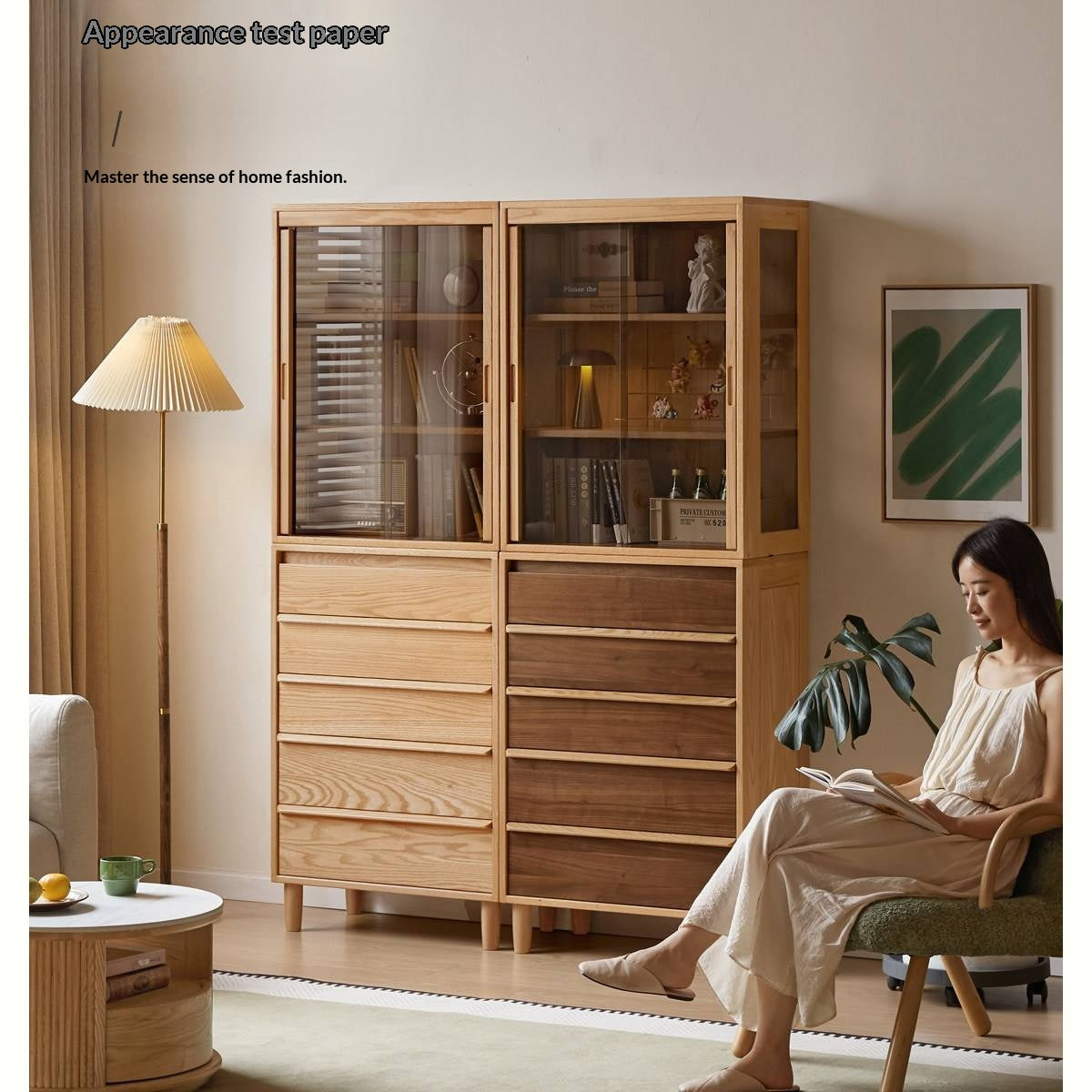 Black Walnut, Oak Solid Wood Glass Display Cabinet with Drawers