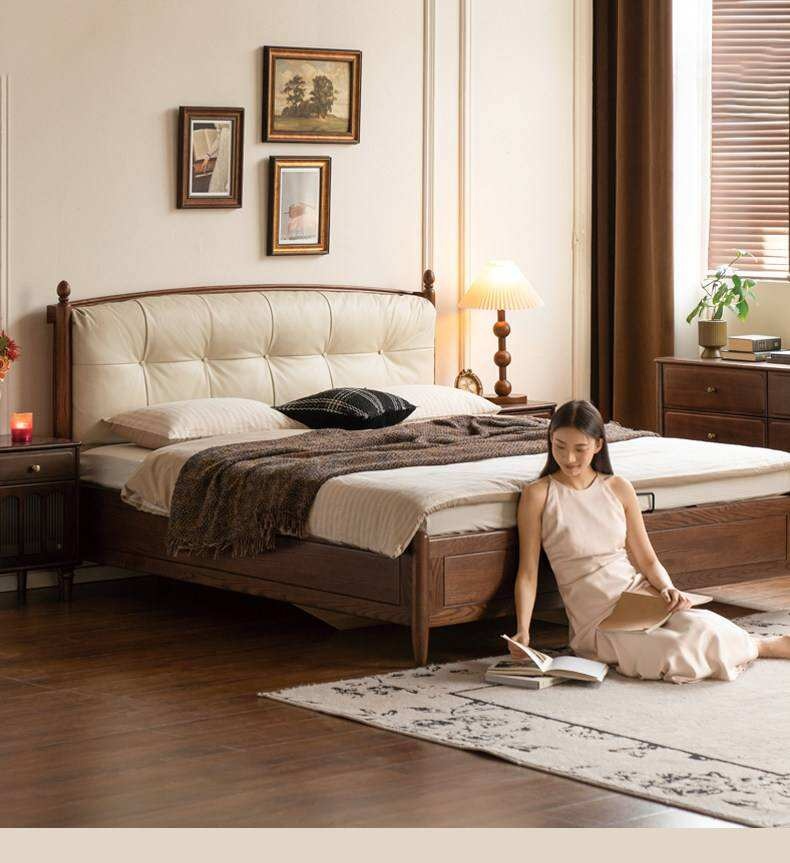 Oak Solid Wood French Country Tufted Storage Bed with Gas Lift and Turned Posts