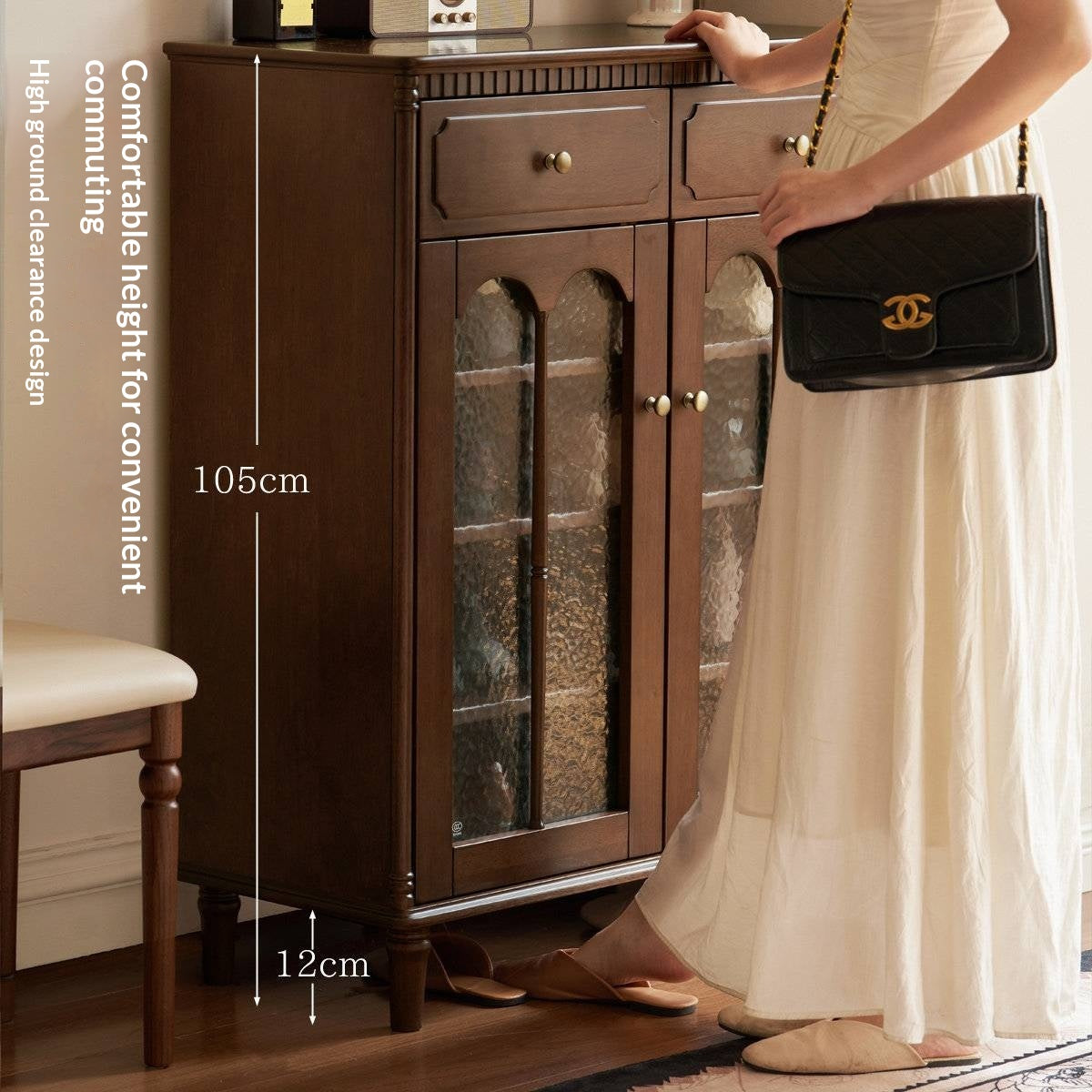 Solid Longan Hardwood French Vintage Shoe Cabinet with Arched Glass Doors and Adjustable Shelves