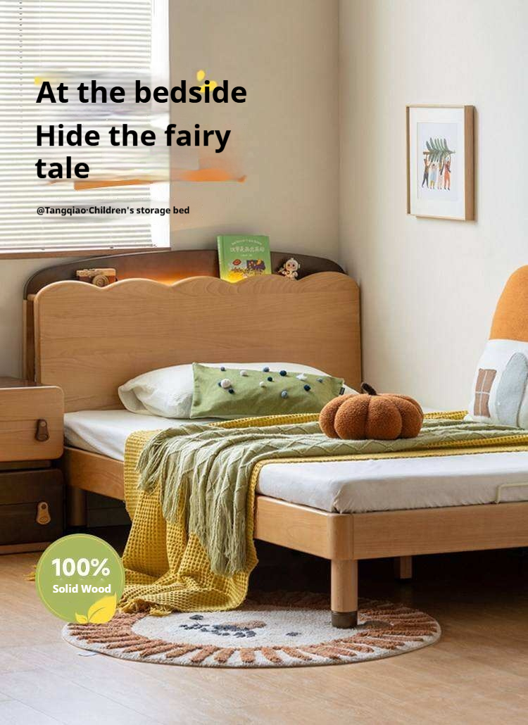 Beech Solid Wood Kids Bed with Scalloped Headboard and Hidden Storage