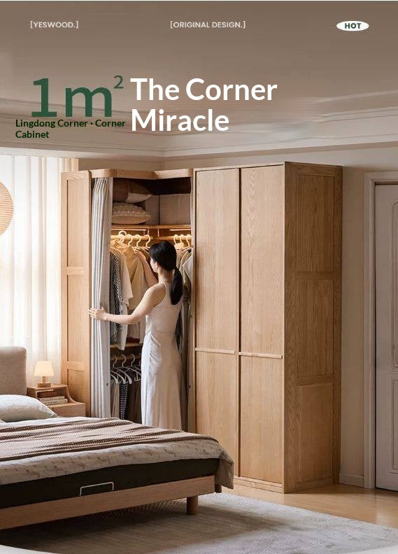 Oak Solid Wood Corner Wardrobe with Removable and Washable Fabric Curtain