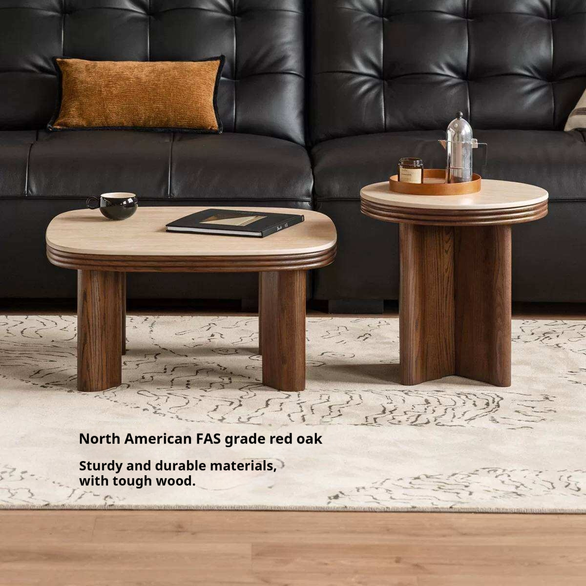 Oak Solid Wood Round Nesting Coffee Table with Stone Surface