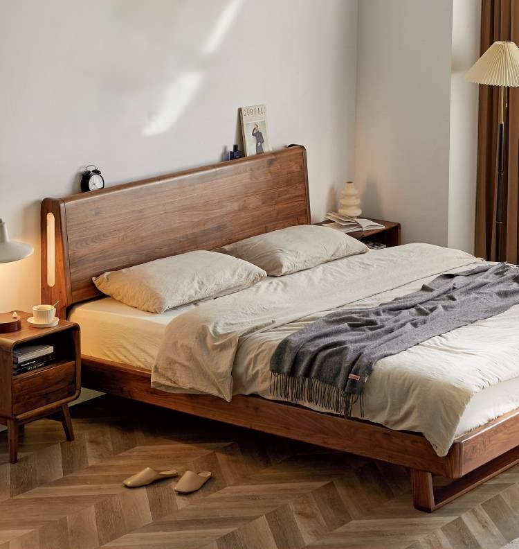 Black Walnut Solid Wood suspended bed with Ambient LED Headboard Lighting