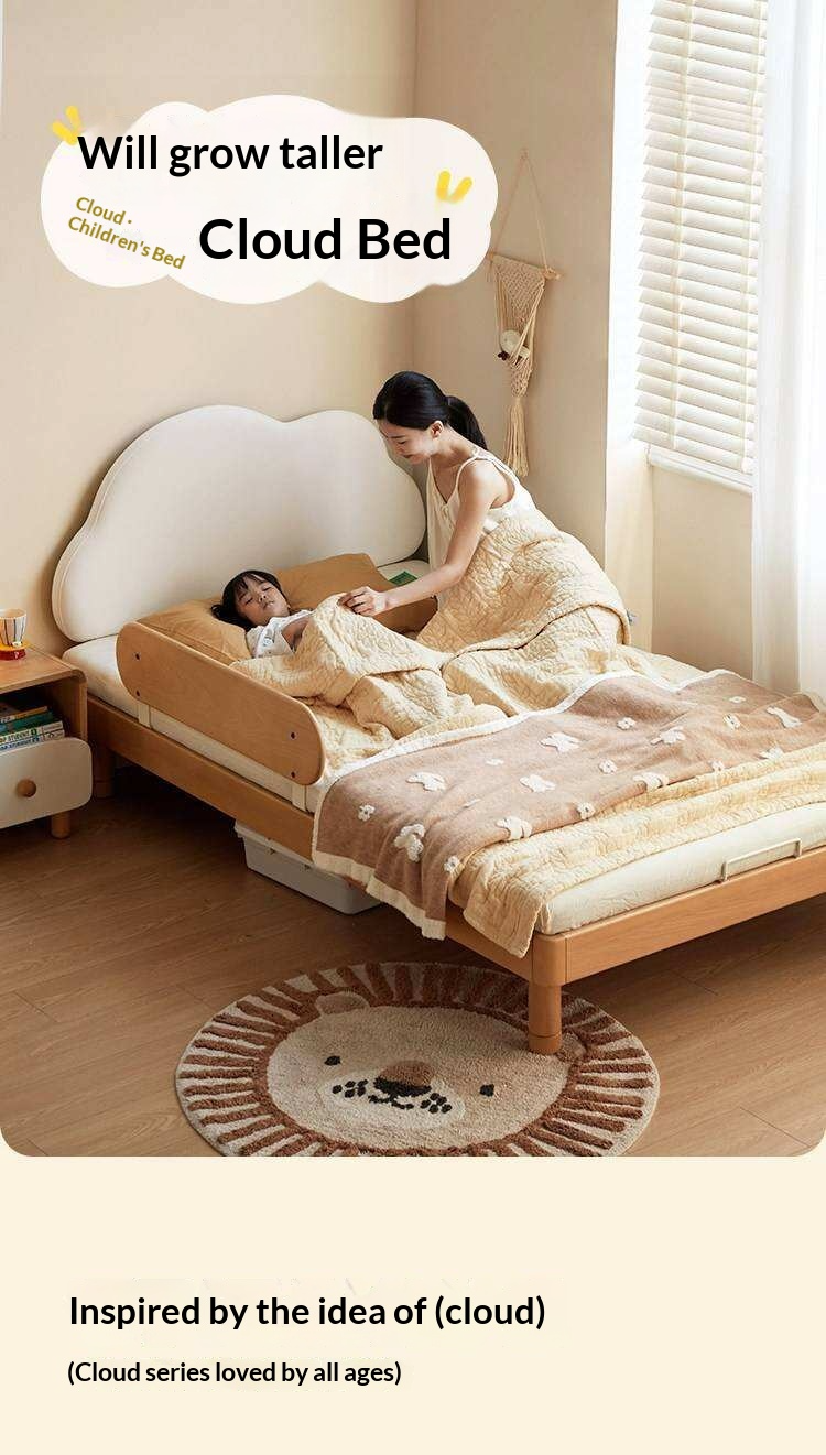 Beech Solid Wood Upholstered Kids Bed with Cloud-Shaped Headboard