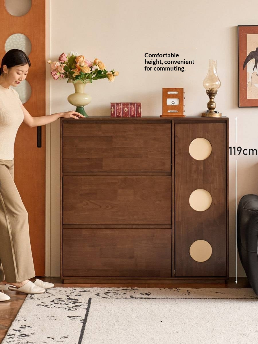 Solid RubberWood Vintage Shoe Cabinet with Flip-Down Drawers and Round Inlay Accents