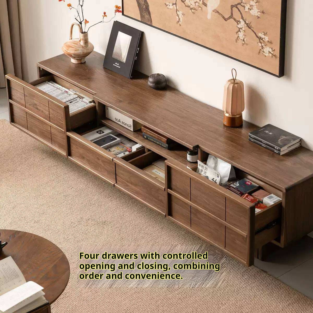 Black Walnut Solid Wood TV Cabinet with Aesthetic Style and Storage Drawers