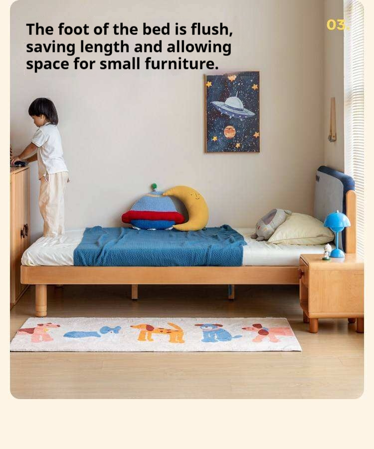 Beech Solid Wood Kids Montessori Platform Bed with Upholstered Headboard