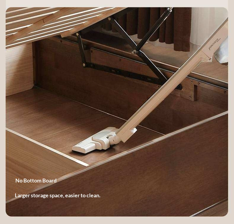 Rubberwood Solid Wood Storage Bed with Lift-Up Platform and Oversized Cushioned Headboard