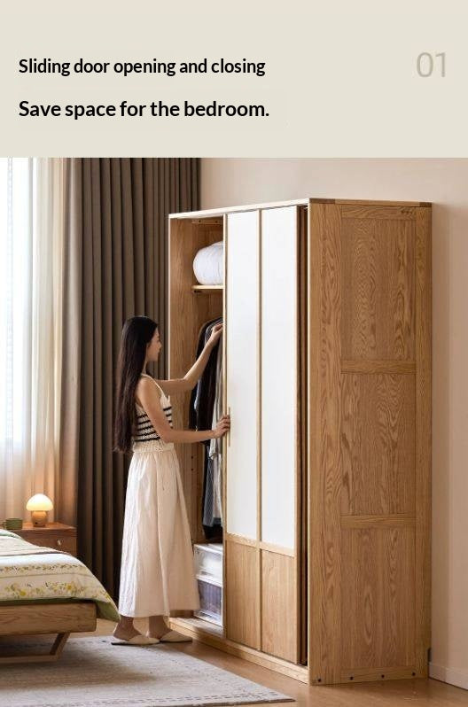 Oak Solid Wood Wardrobe with two-tone Sliding Doors
