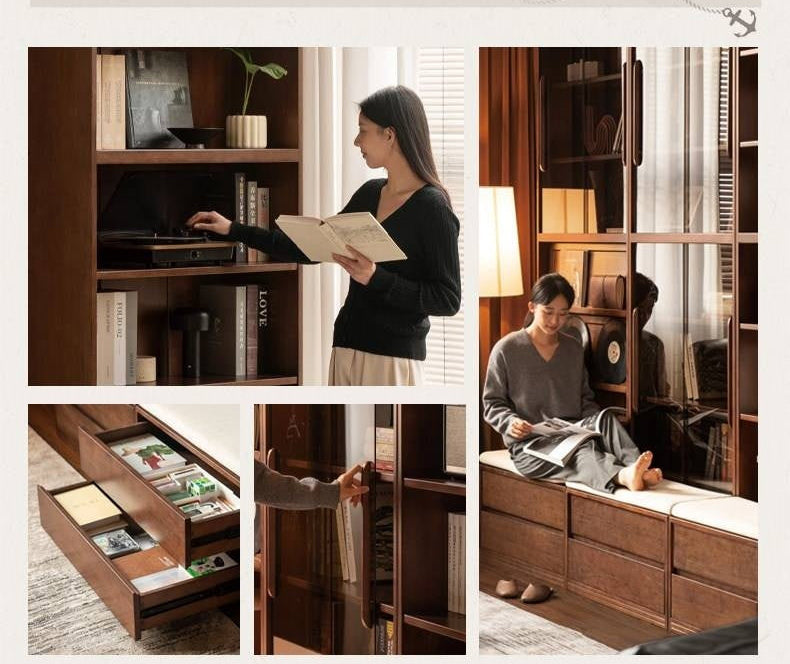 Solid Longan Hardwood, Ash Solid Wood Bookcase with Floor-to-Deck and Wall-Mounted Display Cabinet