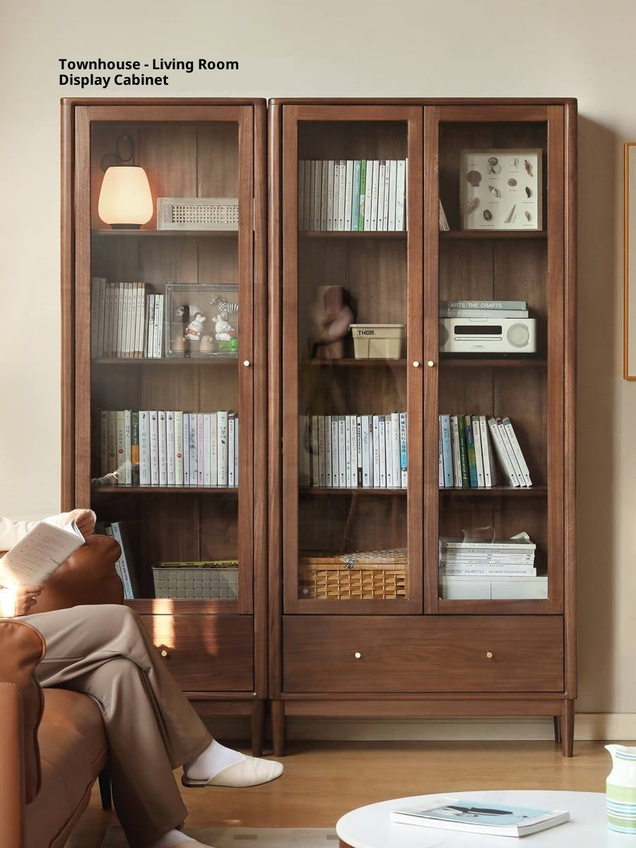 Black Walnut Solid Wood Bookcase With Glass Door