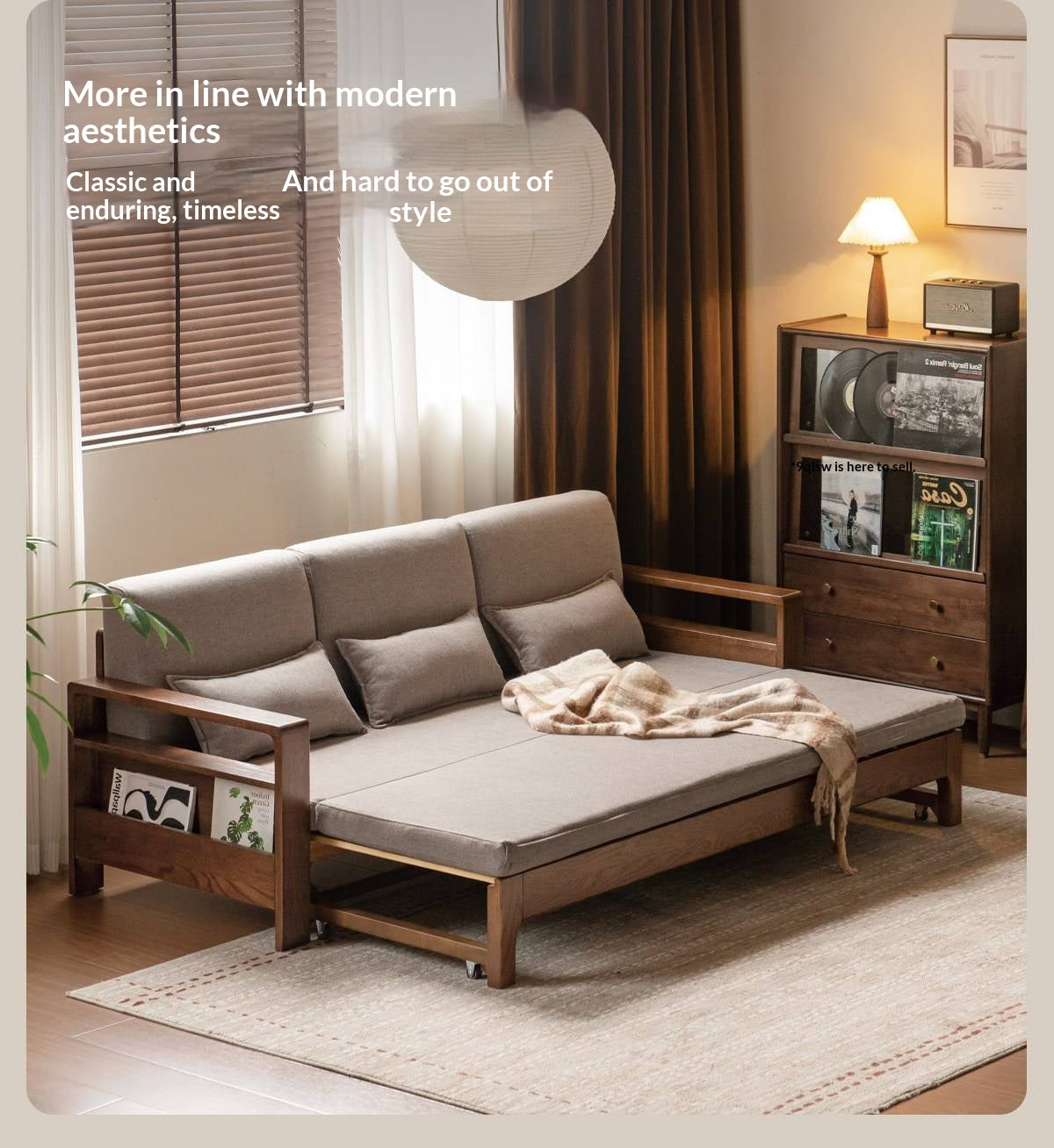 Oak, Beech Sofa Bed with Wood Frame and Side Storage Pocket