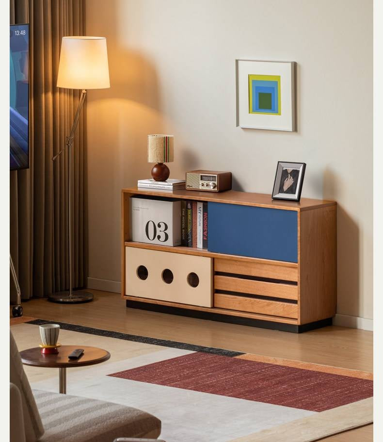 Cherry Solid Wood Vintage TV Stand with Wall-Mounted Tall Cabinet Design