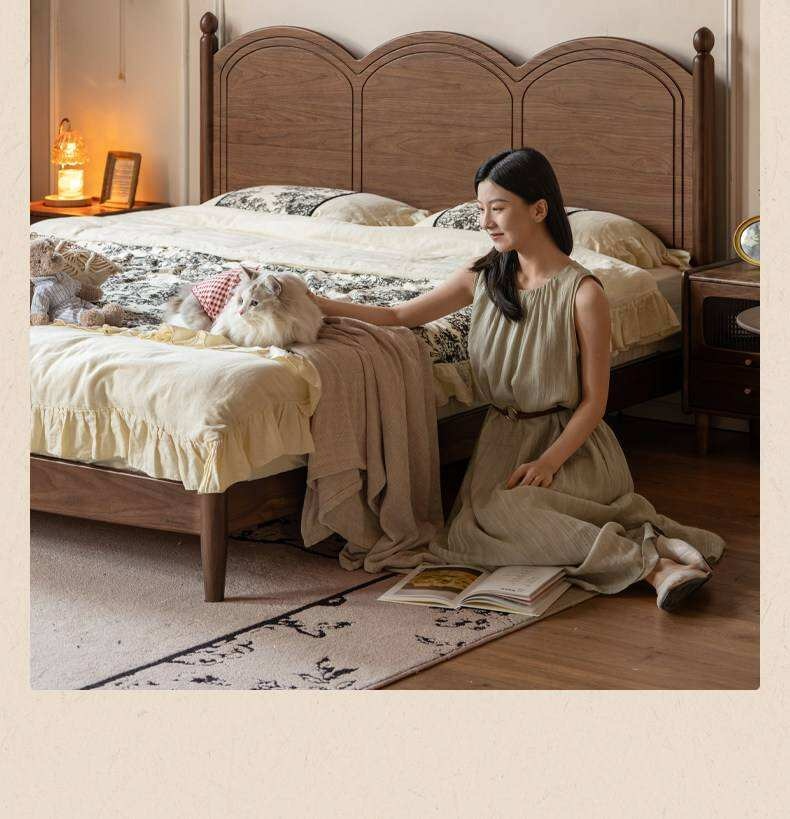 Black Walnut Solid Wood Bed with Arched French Country Headboard and Spindle Legs