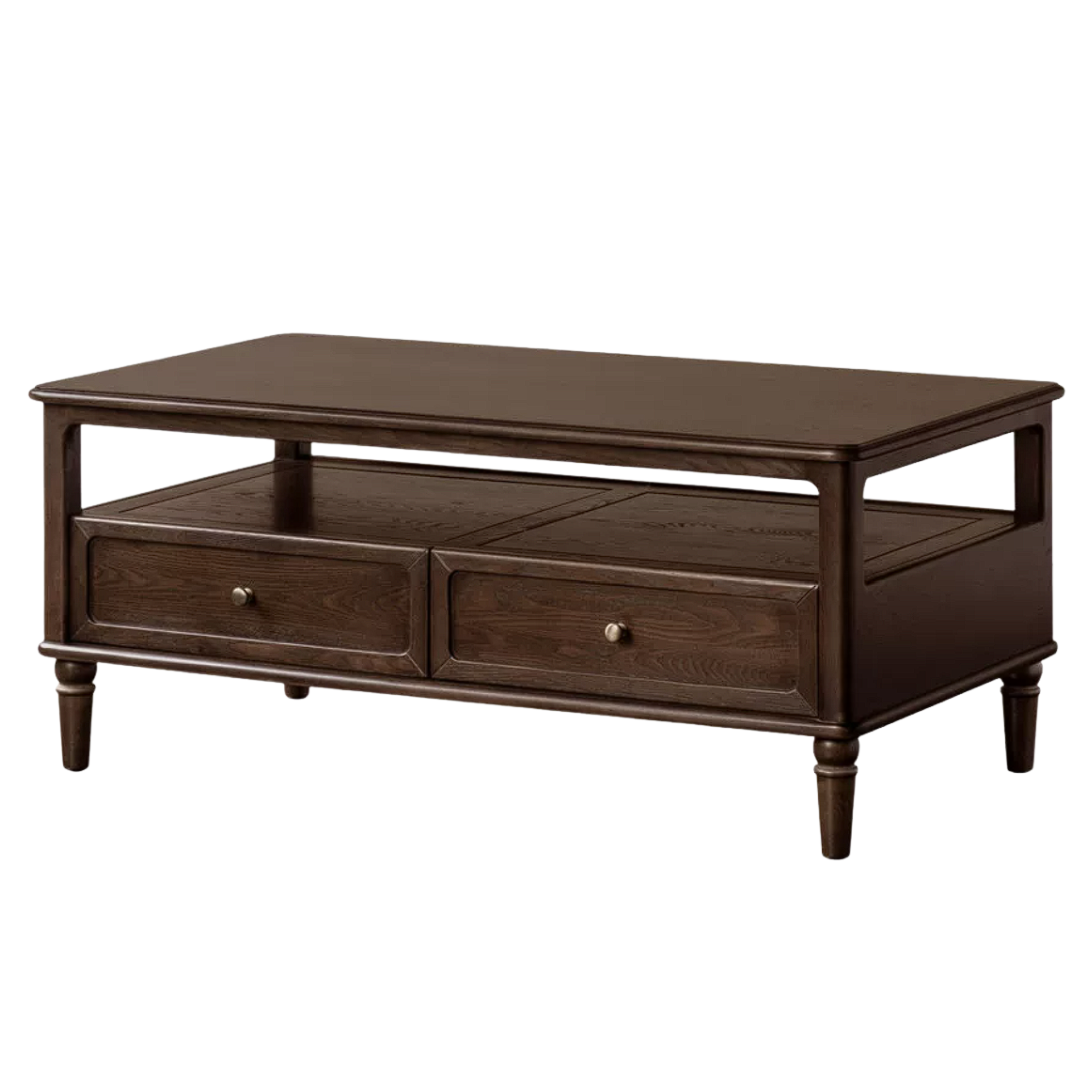 Ash Solid Wood Coffee Table with Drawers and Open Storage