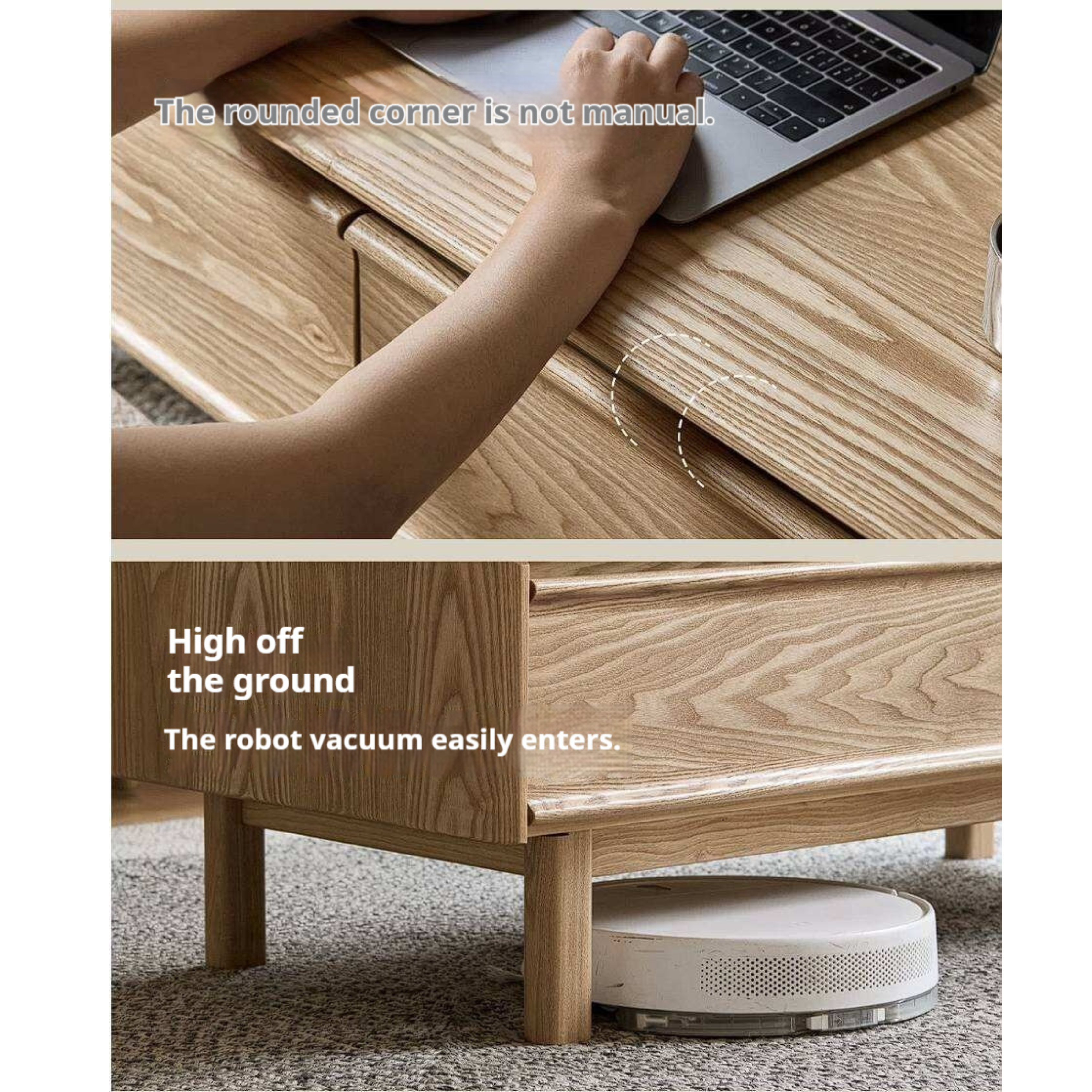 Ash Solid Wood Coffee Table with Beveled Edge, Two Drawers, Tapered Legs