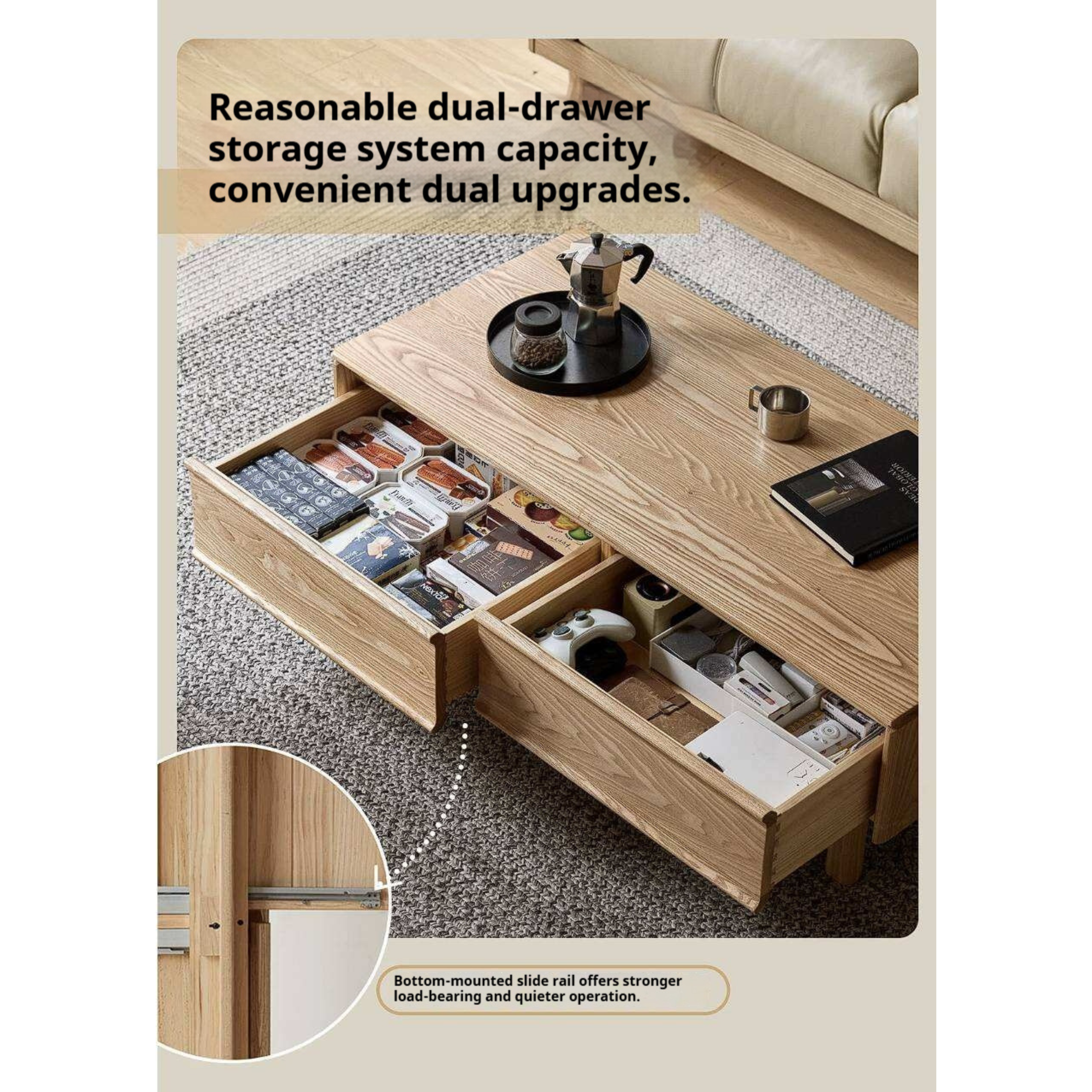 Ash Solid Wood Coffee Table with Beveled Edge, Two Drawers, Tapered Legs