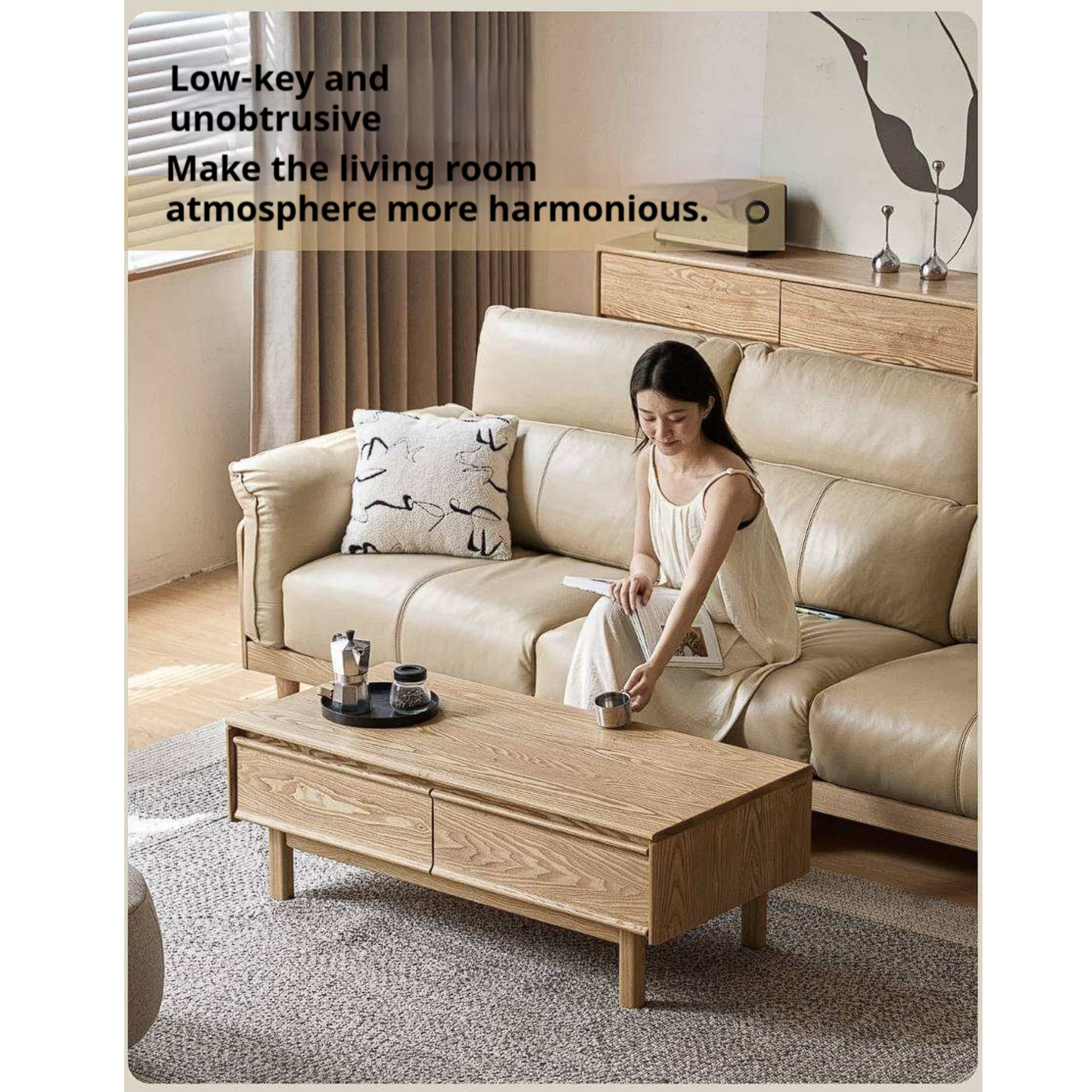 Ash Solid Wood Coffee Table with Beveled Edge, Two Drawers, Tapered Legs