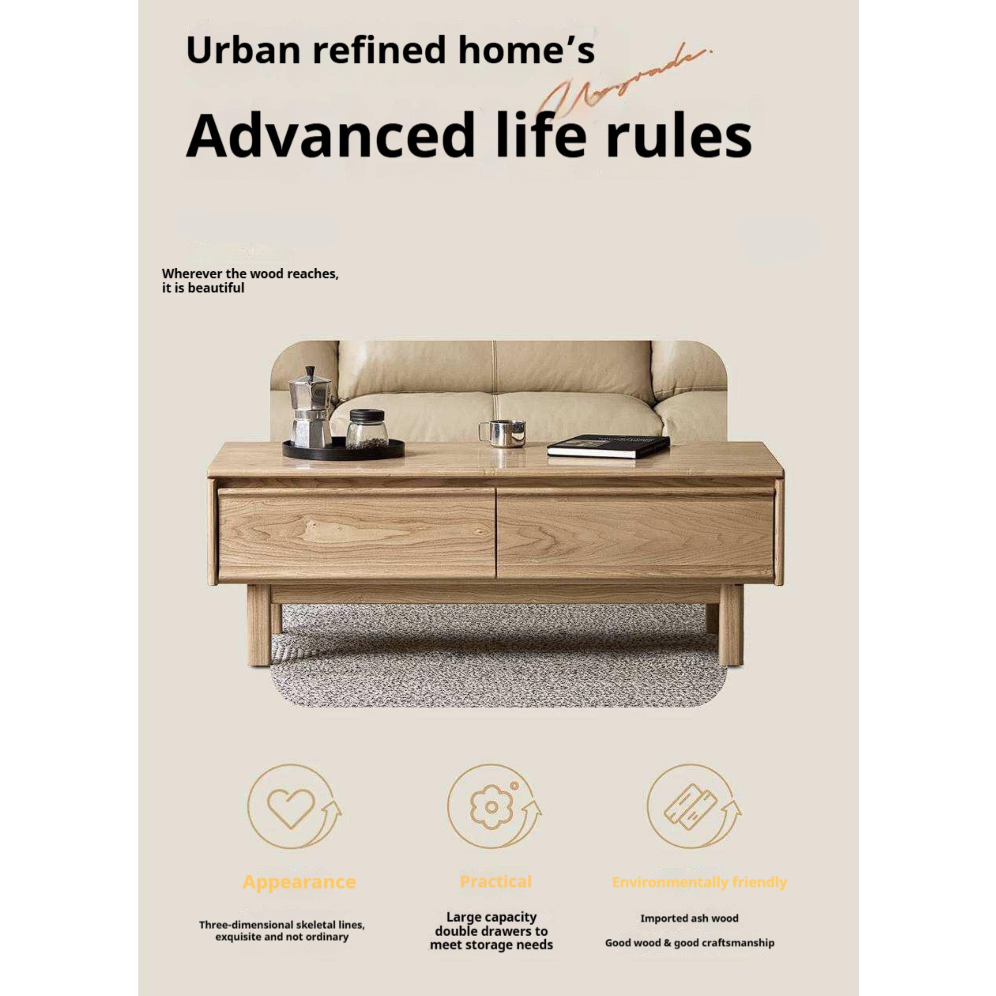 Ash Solid Wood Coffee Table with Beveled Edge, Two Drawers, Tapered Legs