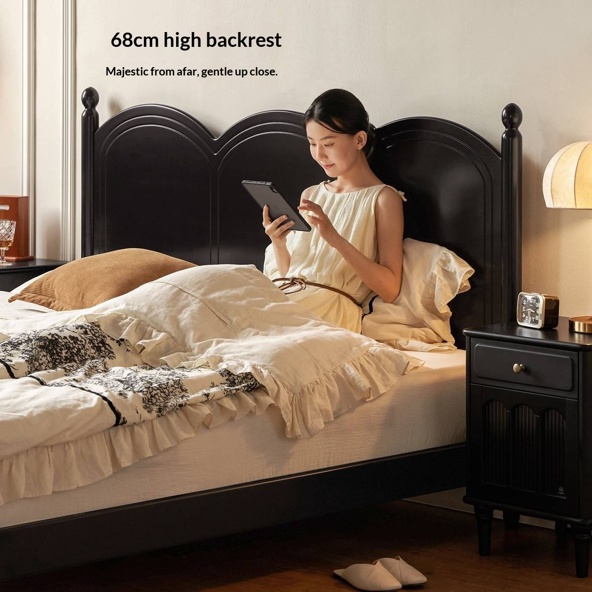 Rubberwood Solid Wood Bed — French Vintage Style, Large Slab Bed