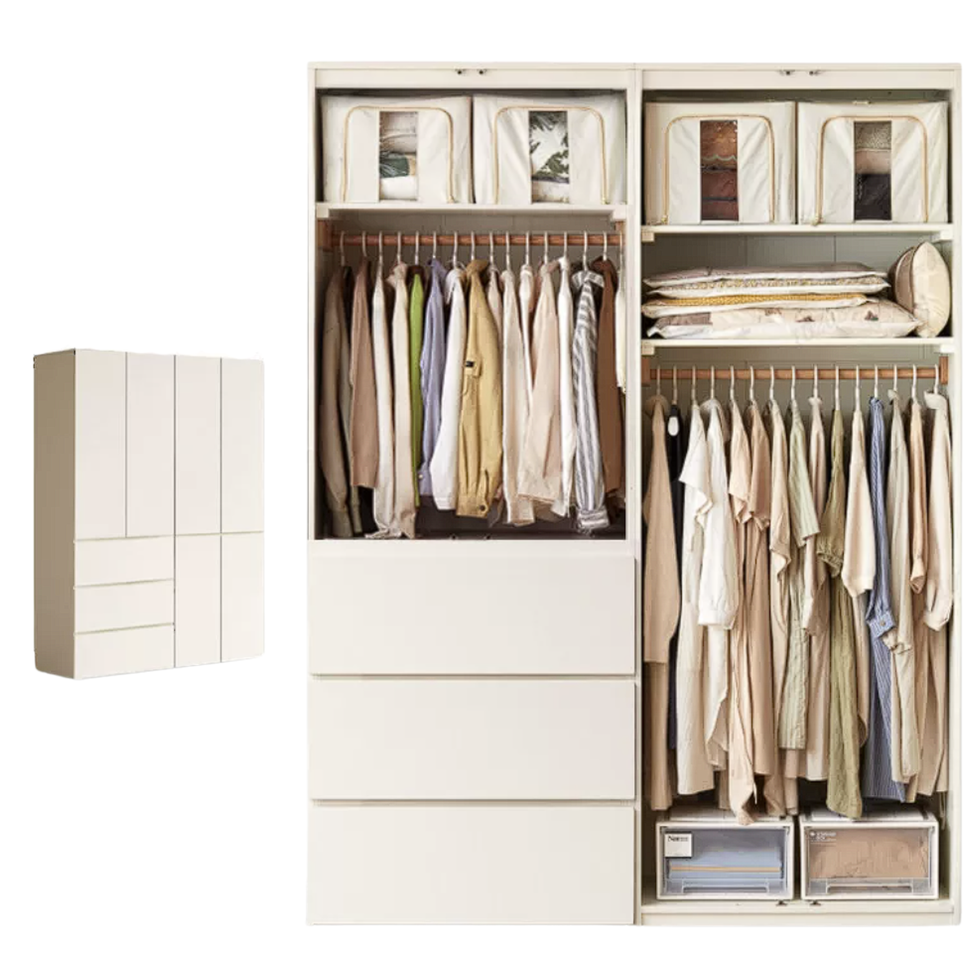 Pine Solid Wood Sectional Large Wardrobe Cream Style