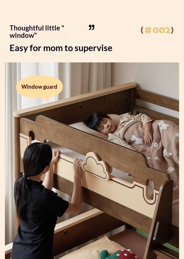 Rubberwood Solid Wood Castle-Inspired Bunk Bed with Cloud Cutout Guardrail