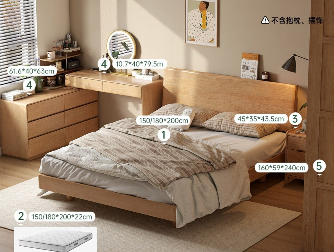 Oak solid wood bed bedroom furniture combination set.