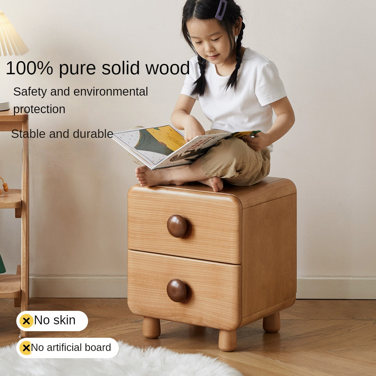 Beech Solid Wood Kids Two-Drawer Nightstand with Round Knob Pulls and Rounded Edges