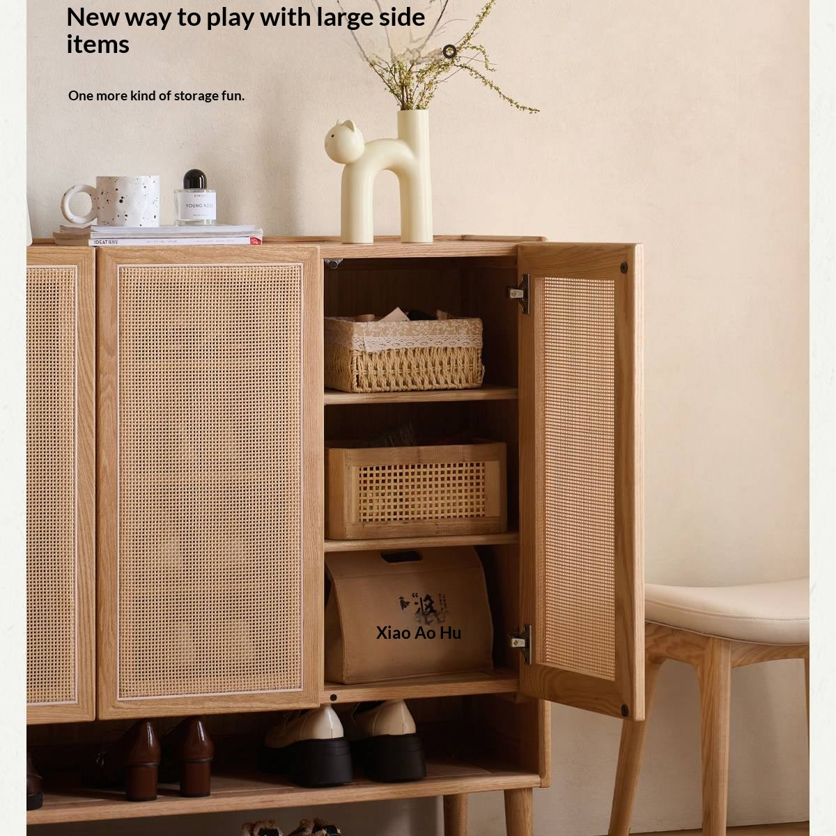 Oak Solid Wood Shoe Cabinet with Large Capacity and Vine Weaving Design