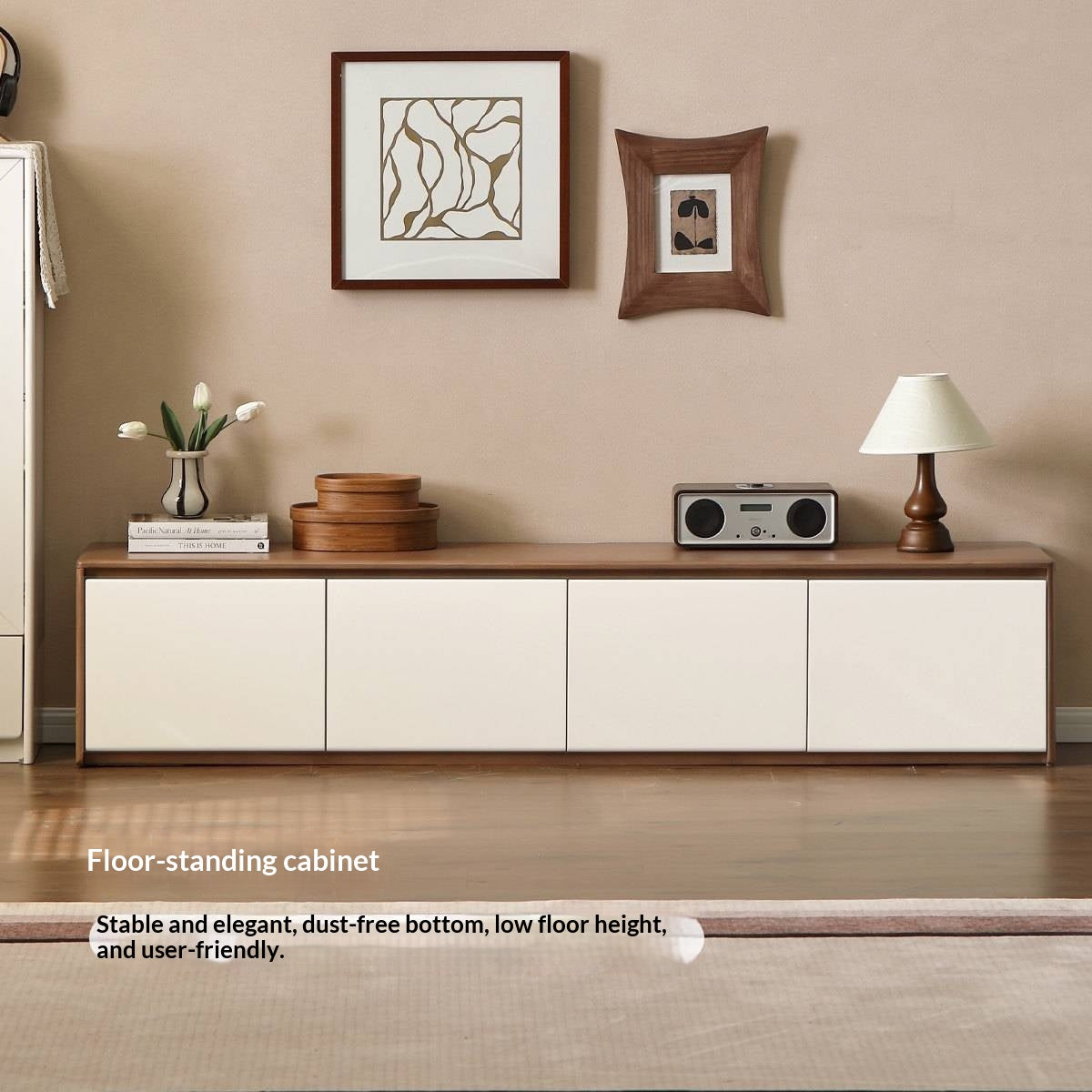 Solid RubberWood TV Console with Two-Tone Color Block Design and Full Pull-Out Drawers