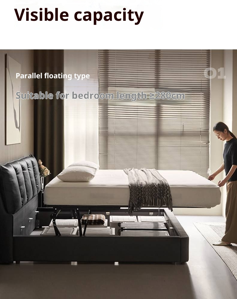 Genuine Leather Black Light Luxury Box Bed