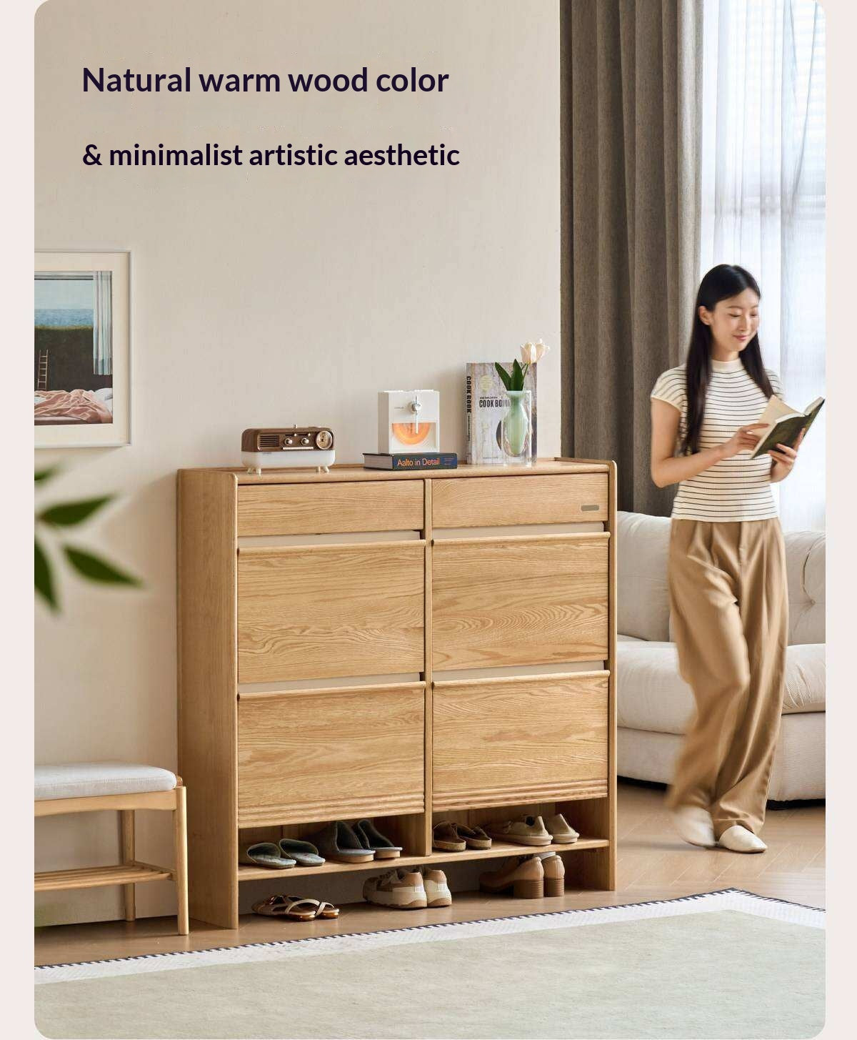 Oak Solid Wood Slim Entryway Shoe Cabinet with Tilt-Out Compartments and Drawers