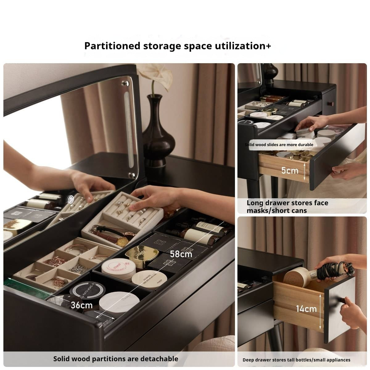 Solid RubberWood Black Vanity Table Mirror LED Touch