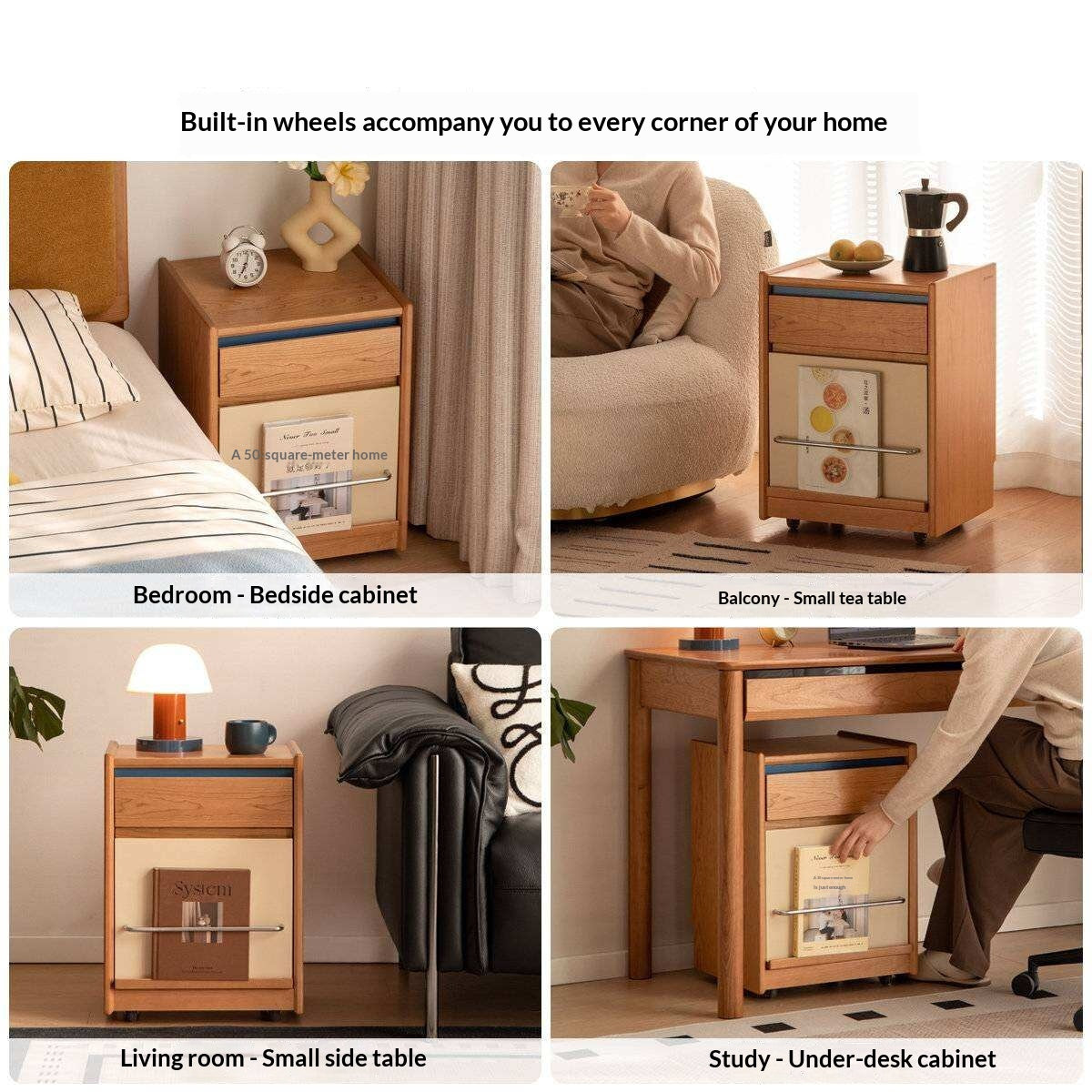 Cherry Solid Wood Nightstand with Storage Drawer and Magazine Holder with Wheels