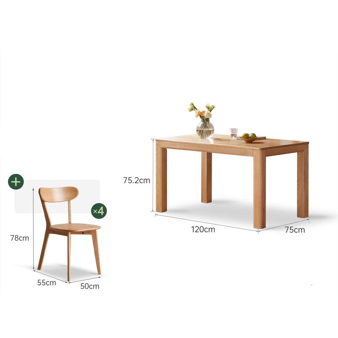 Oak Solid Wood Rectangular Dining Table, One Table and Four Chairs